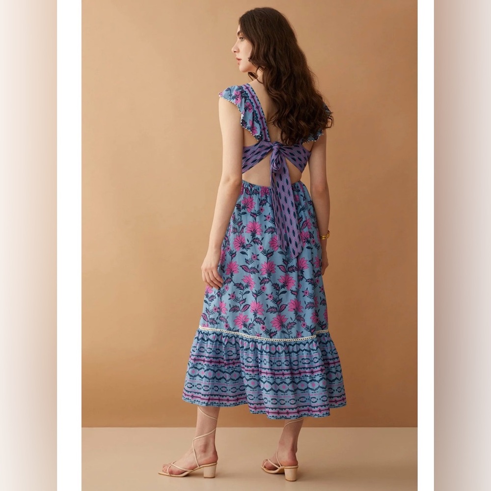 Bohera Rachel DeAnne Tie-Back Midi Dress Blue Pink Floral Size Large